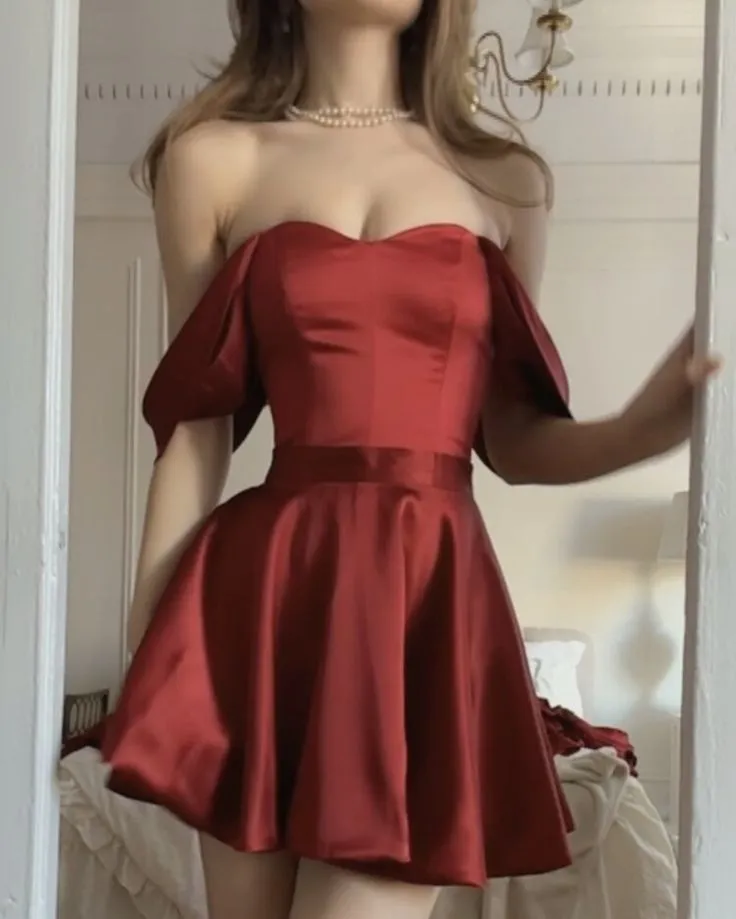 JazzHer Chic A line Off The Shoulder Burgundy Satin Short Party Dresses Homecoming Dresses BD (PRE-ORDER)