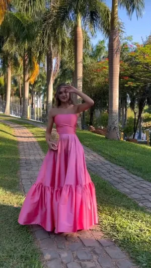 JazzHer Classy Ball Gown Strapless Pink Floor Length Satin Slit Prom Dresses Evening Gowns (PRE-ORDER)