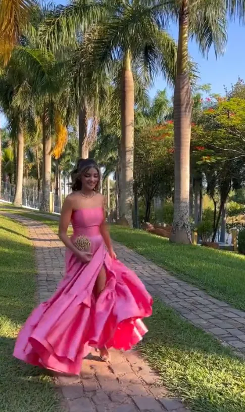 JazzHer Classy Ball Gown Strapless Pink Floor Length Satin Slit Prom Dresses Evening Gowns (PRE-ORDER)