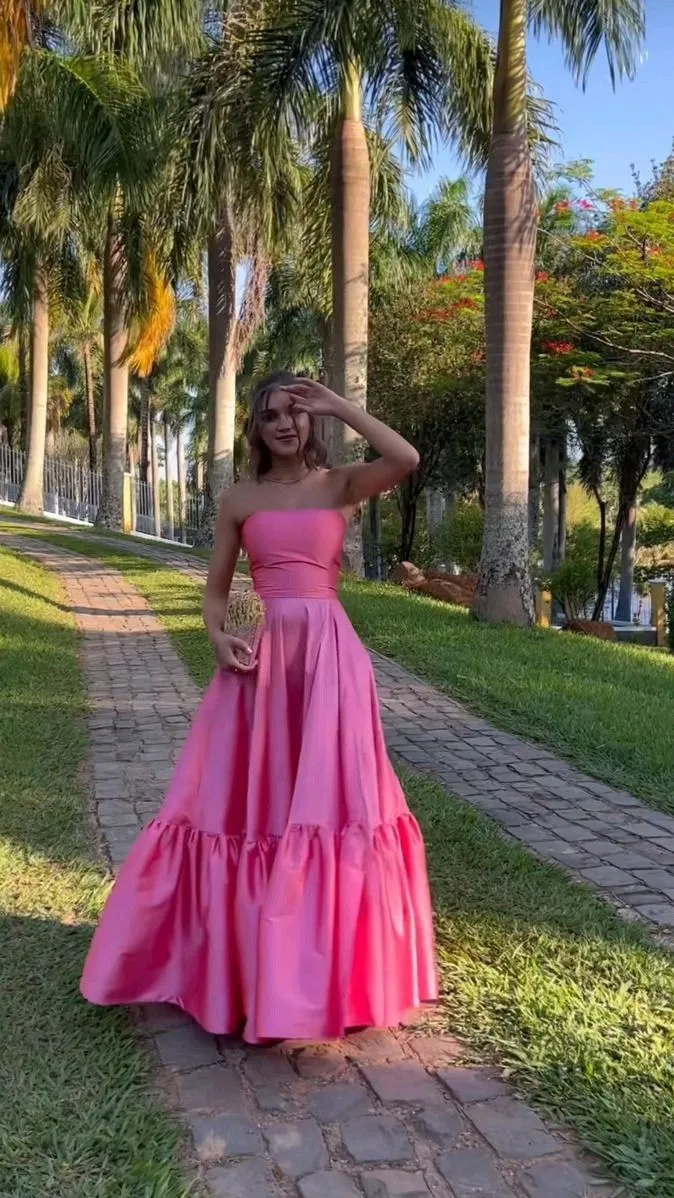 JazzHer Classy Ball Gown Strapless Pink Floor Length Satin Slit Prom Dresses Evening Gowns (PRE-ORDER)