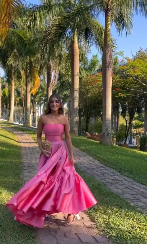 JazzHer Classy Ball Gown Strapless Pink Floor Length Satin Slit Prom Dresses Evening Gowns (PRE-ORDER)