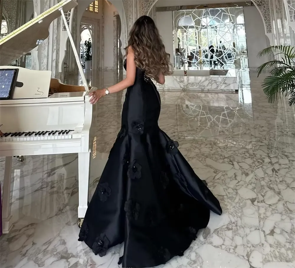JazzHer Classy Mermaid Strapless Sleeveless Satin Black Long Prom Dresses Evening Dress (PRE-ORDER)