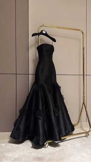 JazzHer Classy Mermaid Strapless Sleeveless Satin Black Long Prom Dresses Evening Dress (PRE-ORDER)