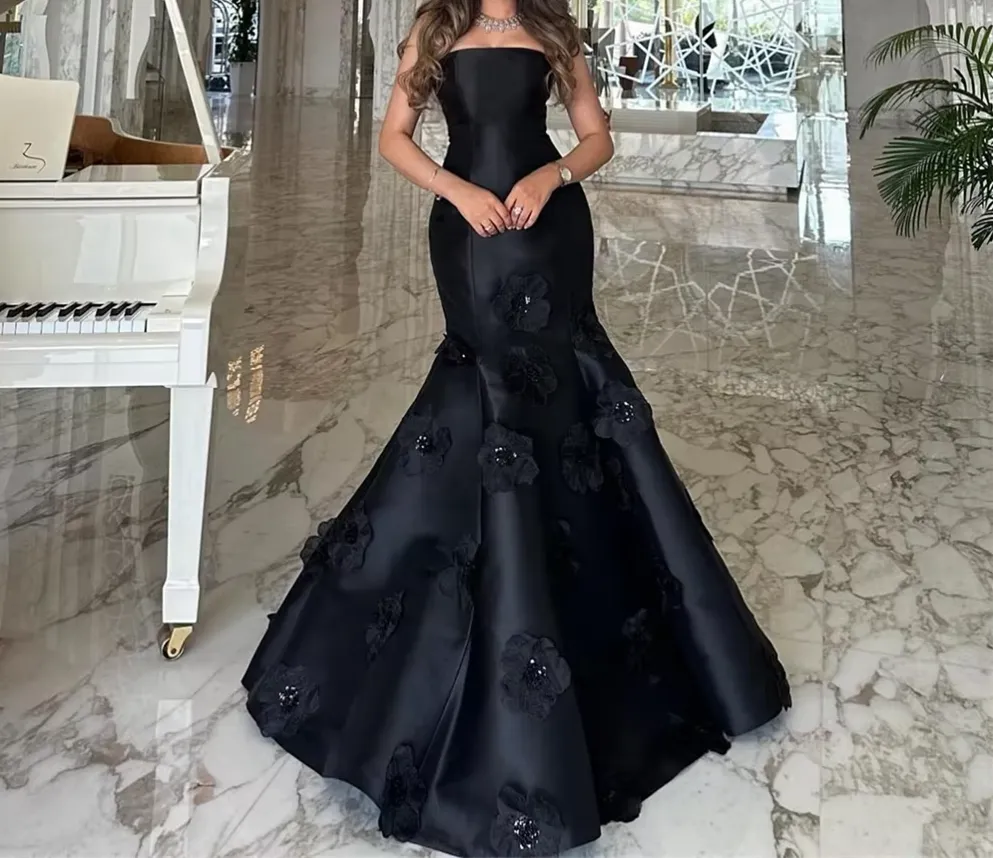 JazzHer Classy Mermaid Strapless Sleeveless Satin Black Long Prom Dresses Evening Dress (PRE-ORDER)
