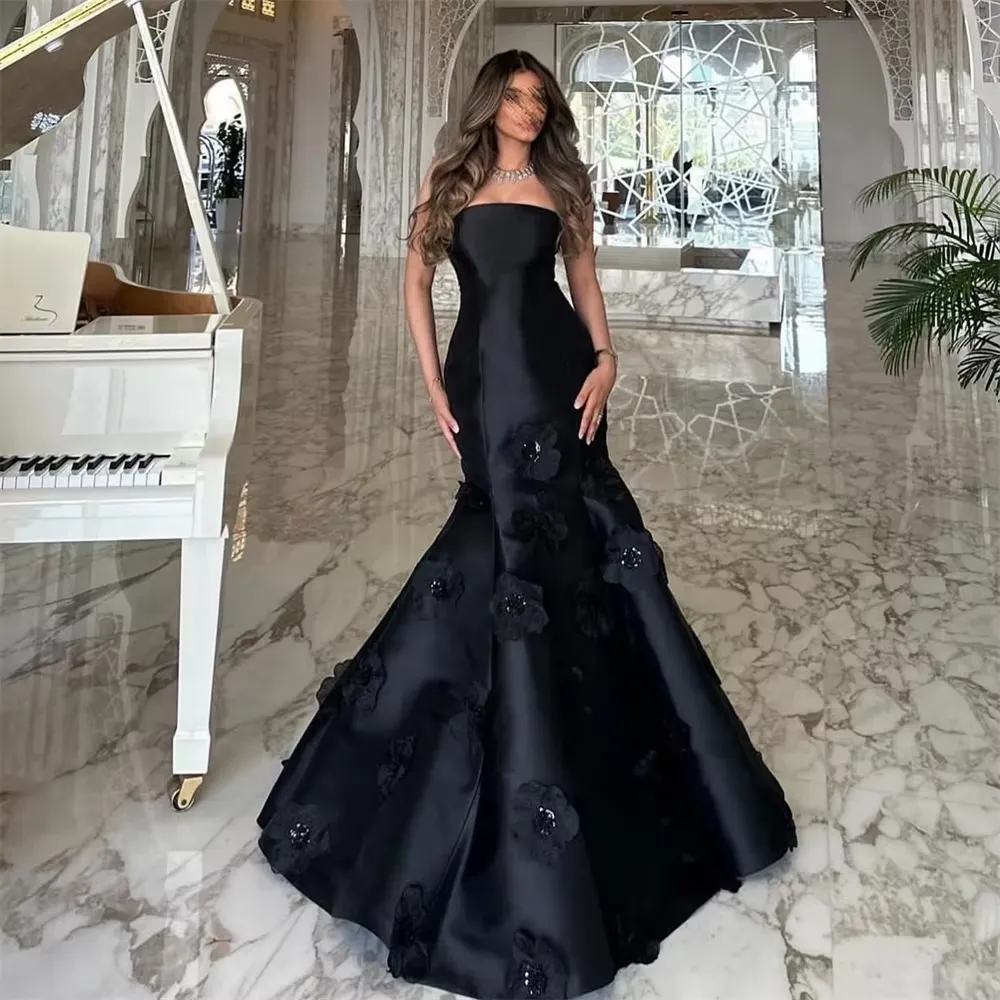 JazzHer Classy Mermaid Strapless Sleeveless Satin Black Long Prom Dresses Evening Dress (PRE-ORDER)