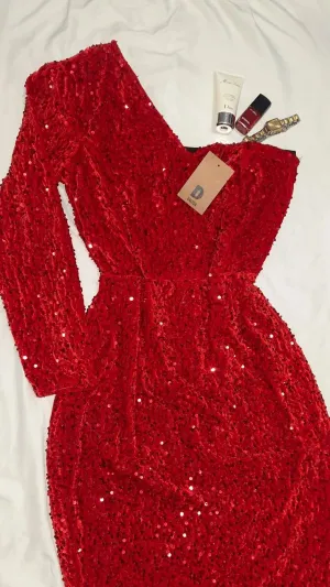 JazzHer Classy Sheath One Shoulder Sequin Red Party Dress Prom Dresses Evening Dress (PRE-ORDER)