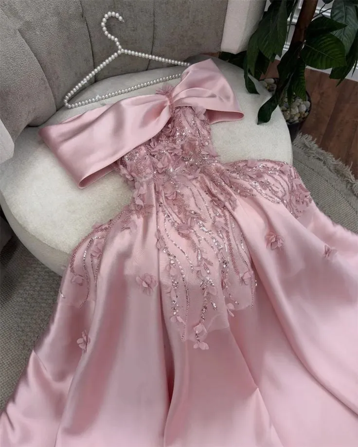 JazzHer Cute A Line Off The Shoulder Pink Long Satin Beads Long Prom Dresses Party Dress (PRE-ORDER)