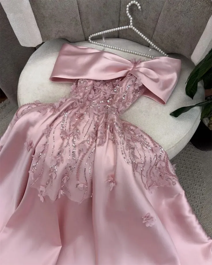 JazzHer Cute A Line Off The Shoulder Pink Long Satin Beads Long Prom Dresses Party Dress (PRE-ORDER)