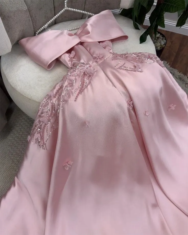JazzHer Cute A Line Off The Shoulder Pink Long Satin Beads Long Prom Dresses Party Dress (PRE-ORDER)