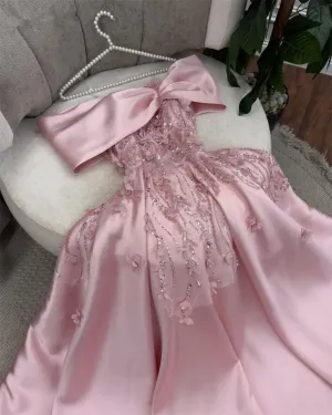 JazzHer Cute A Line Off The Shoulder Pink Long Satin Beads Long Prom Dresses Party Dress (PRE-ORDER)