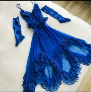 JazzHer Cute A line Spaghetti Straps Royal Blue Lace Homecoming Dresses Cocktail Dress With Gloves (PRE-ORDER)