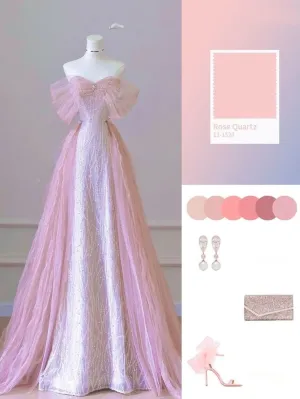 JazzHer Elegant A line Off The Shoulder Pink  Sequin Evening Dress Long Prom Dresses With Sleeves (PRE-ORDER)