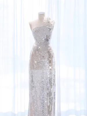 JazzHer Elegant A Line One Shoulder Silver Sequin Party Dress Prom Dresses Evening Dress (PRE-ORDER)