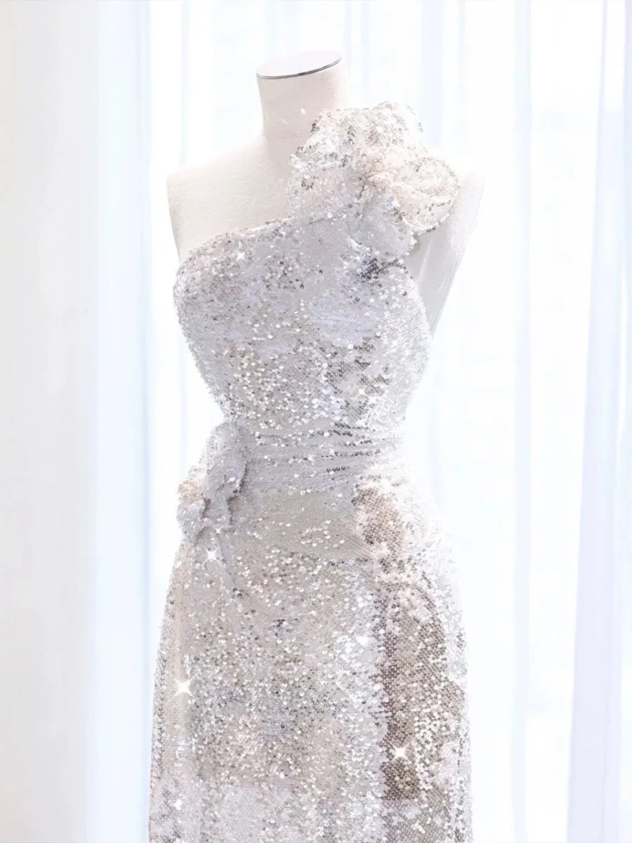 JazzHer Elegant A Line One Shoulder Silver Sequin Party Dress Prom Dresses Evening Dress (PRE-ORDER)