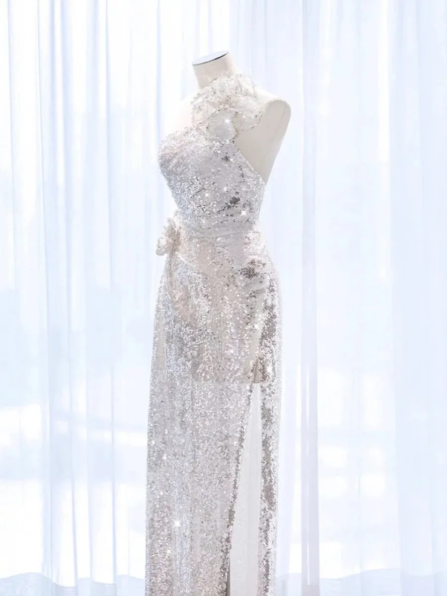 JazzHer Elegant A Line One Shoulder Silver Sequin Party Dress Prom Dresses Evening Dress (PRE-ORDER)