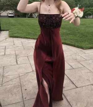 JazzHer Elegant A line Spaghetti Straps Burgundy Long Slit Prom Dresses Evening Gowns (PRE-ORDER)
