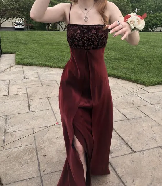 JazzHer Elegant A line Spaghetti Straps Burgundy Long Slit Prom Dresses Evening Gowns (PRE-ORDER)