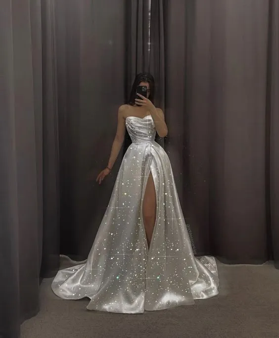 JazzHer Elegant A line Sweetheart White Slit Sequin Prom Dresses Long Evening Dress (PRE-ORDER)