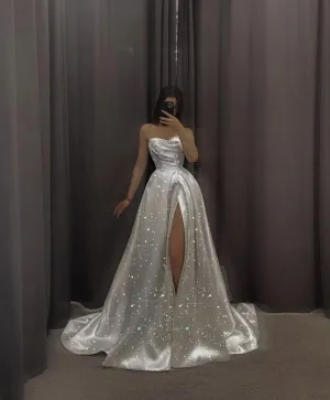 JazzHer Elegant A line Sweetheart White Slit Sequin Prom Dresses Long Evening Dress (PRE-ORDER)