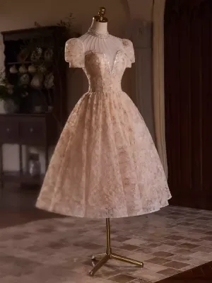 JazzHer Elegant Ball Gown High Neckline Pink Tulle Party Dress Lace Homecoming Dresses (PRE-ORDER)
