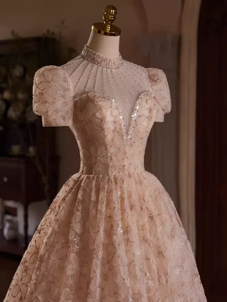 JazzHer Elegant Ball Gown High Neckline Pink Tulle Party Dress Lace Homecoming Dresses (PRE-ORDER)