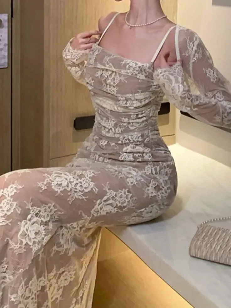 JazzHer Elegant Bodycon Slim Lace Dress Vintage Casual Backless Bandage Party Dress Prom Dresses Evening Dress (PRE-ORDER)