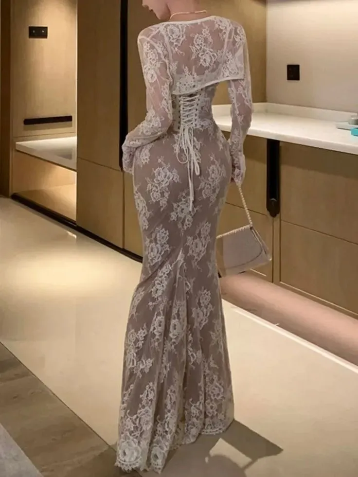 JazzHer Elegant Bodycon Slim Lace Dress Vintage Casual Backless Bandage Party Dress Prom Dresses Evening Dress (PRE-ORDER)