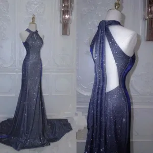 JazzHer Elegant Mermaid Halter Sequin Navy Blue Long Prom Dresses Formal Dress (PRE-ORDER)