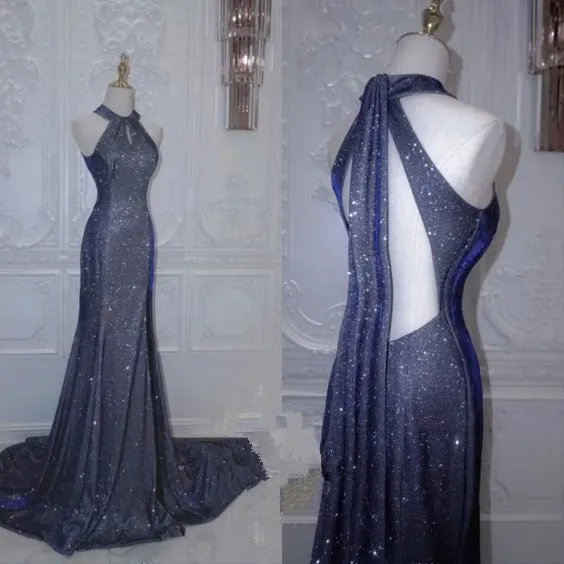 JazzHer Elegant Mermaid Halter Sequin Navy Blue Long Prom Dresses Formal Dress (PRE-ORDER)