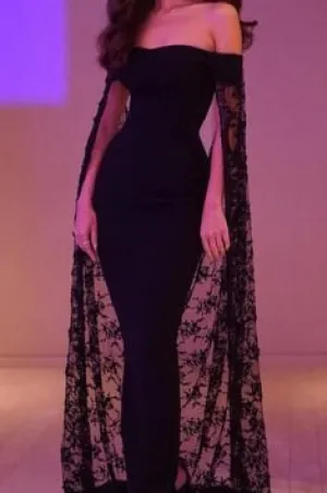 JazzHer Elegant Mermaid Off The Shoulder Black Lace Long Prom Dresses Party Dress With Cape (PRE-ORDER)