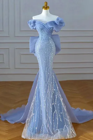 JazzHer Elegant Mermaid Off The Shoulder Blue Short Sleeves Sequin Evening Dress Long Prom Dresses (PRE-ORDER)
