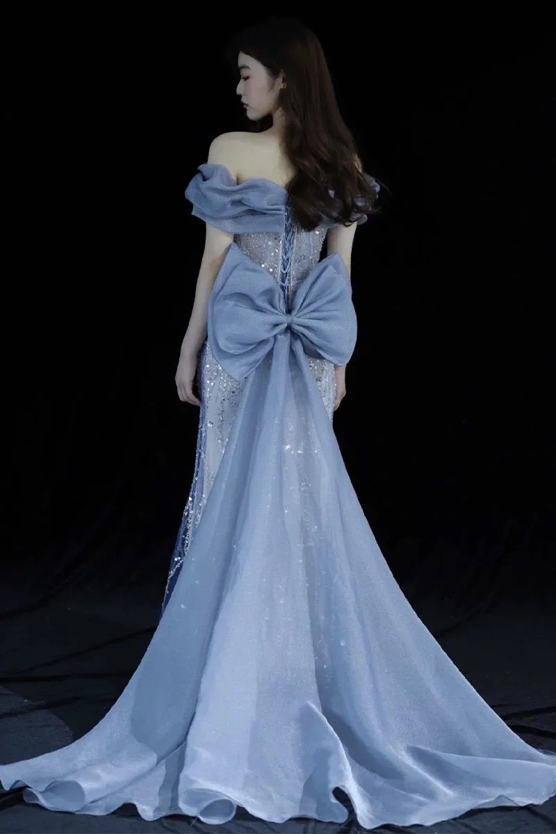 JazzHer Elegant Mermaid Off The Shoulder Blue Short Sleeves Sequin Evening Dress Long Prom Dresses (PRE-ORDER)