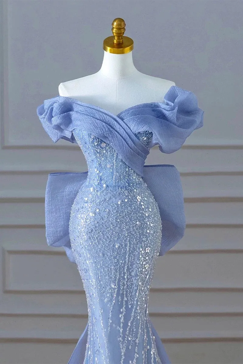 JazzHer Elegant Mermaid Off The Shoulder Blue Short Sleeves Sequin Evening Dress Long Prom Dresses (PRE-ORDER)