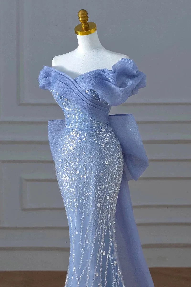JazzHer Elegant Mermaid Off The Shoulder Blue Short Sleeves Sequin Evening Dress Long Prom Dresses (PRE-ORDER)