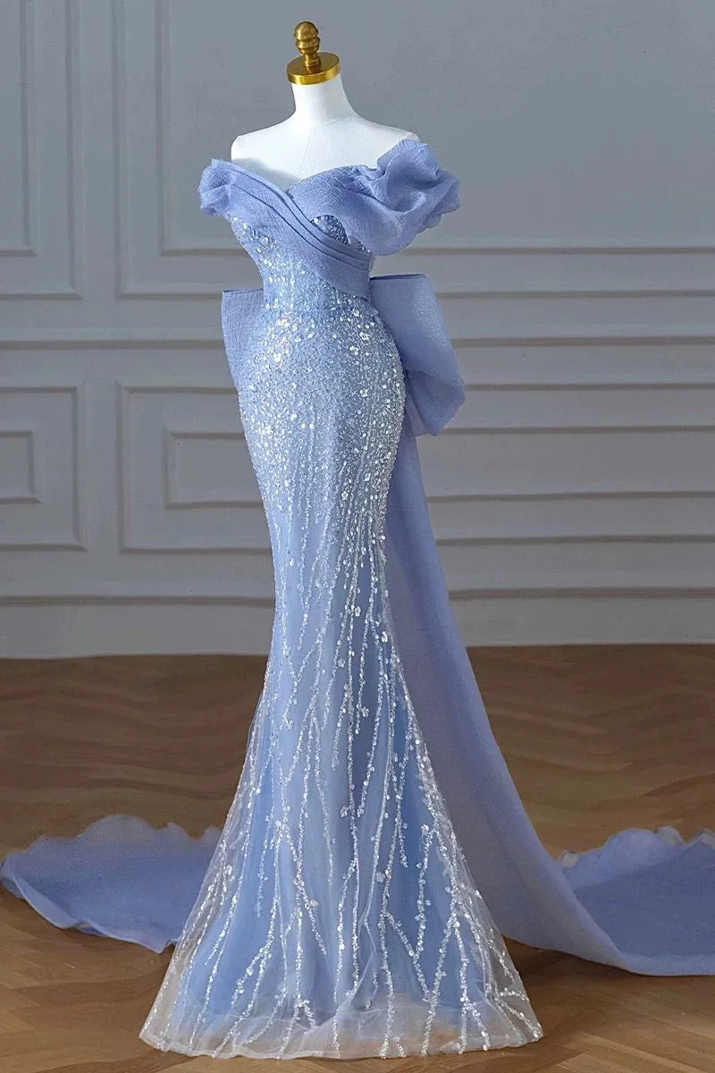 JazzHer Elegant Mermaid Off The Shoulder Blue Short Sleeves Sequin Evening Dress Long Prom Dresses (PRE-ORDER)
