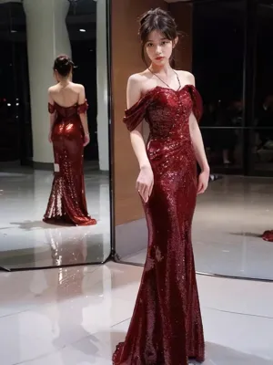 JazzHer Elegant Mermaid Off The Shoulder Burgundy Sequin Long Prom Dress Evening Dresses (PRE-ORDER)