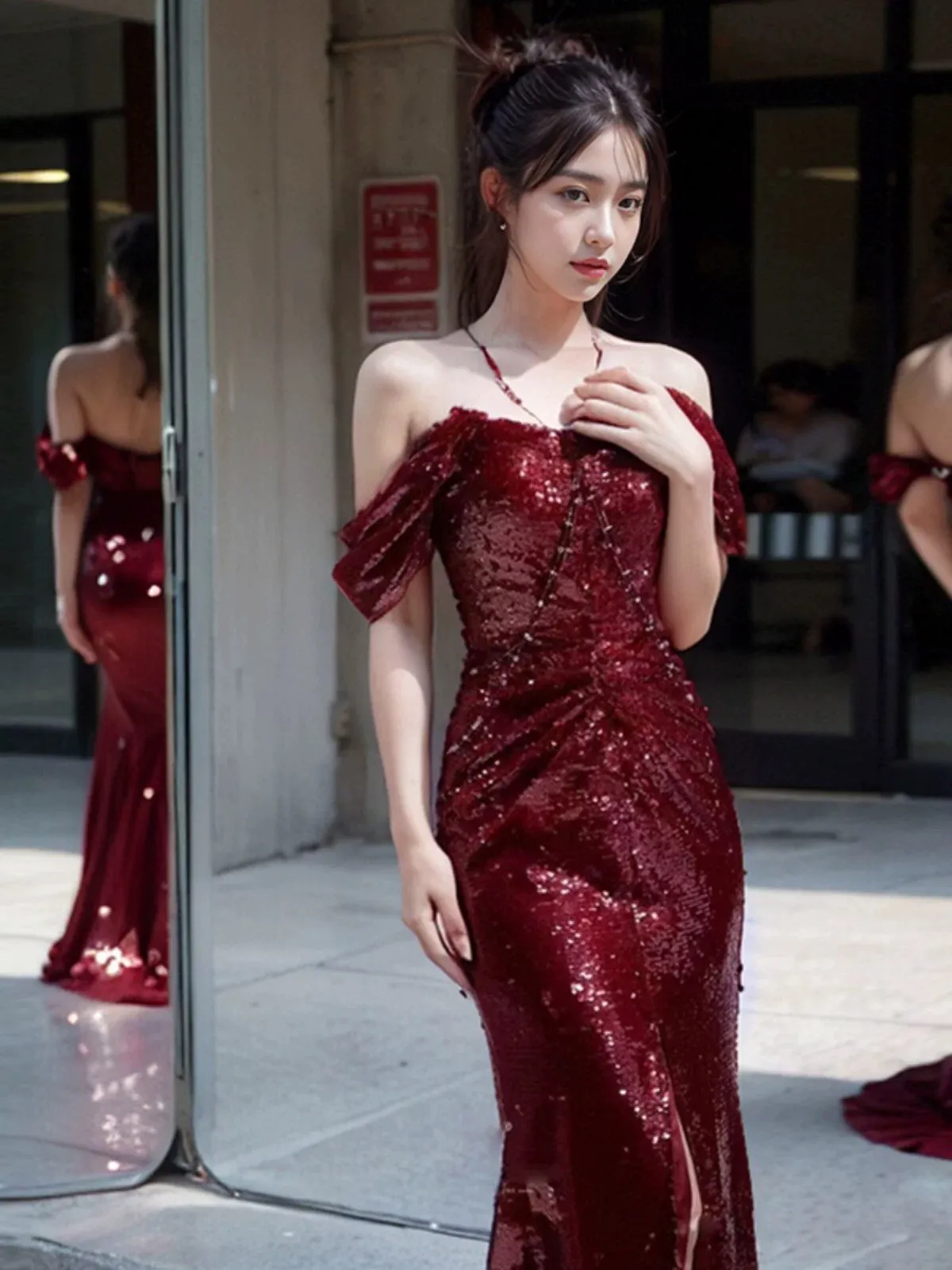 JazzHer Elegant Mermaid Off The Shoulder Burgundy Sequin Long Prom Dress Evening Dresses (PRE-ORDER)