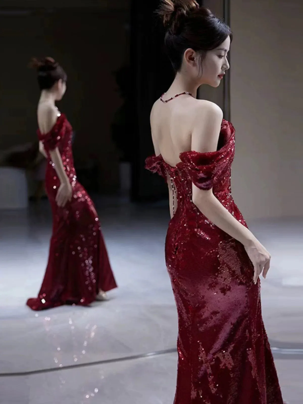 JazzHer Elegant Mermaid Off The Shoulder Burgundy Sequin Long Prom Dress Evening Dresses (PRE-ORDER)