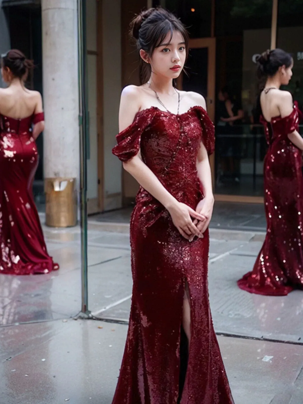JazzHer Elegant Mermaid Off The Shoulder Burgundy Sequin Long Prom Dress Evening Dresses (PRE-ORDER)