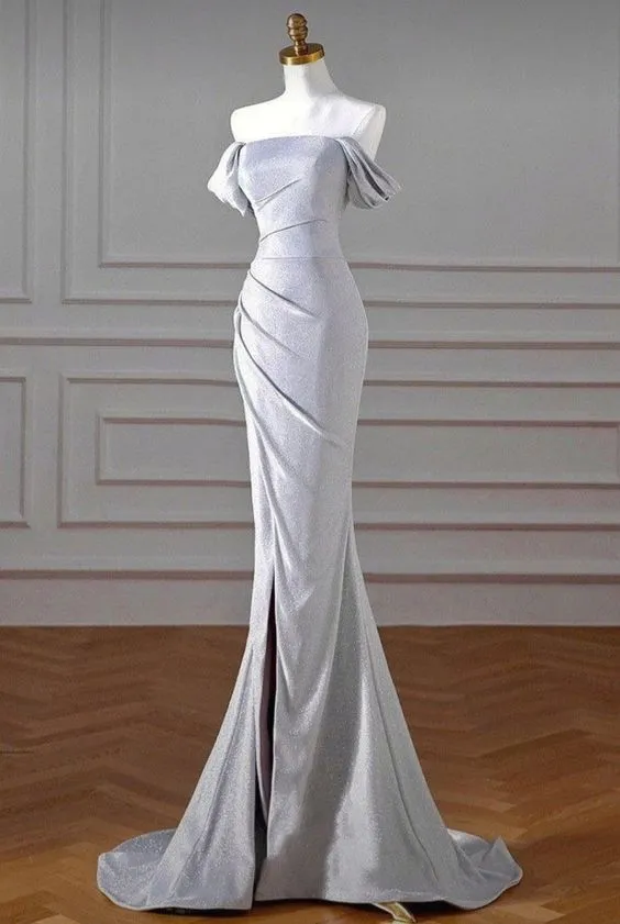 JazzHer Elegant Mermaid Off The Shoulder Neckline Short Sleeves Slit Prom Dresses Long Evening Dress (PRE-ORDER)