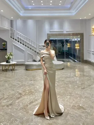 JazzHer Elegant Mermaid Off The Shoulder Ruffles Satin Slit Prom Dresses Evening Dress (PRE-ORDER)
