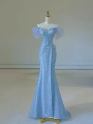 JazzHer Elegant Mermaid Off The Shoulder Sequin Blue Evening Dress Long Prom Dresses (PRE-ORDER)