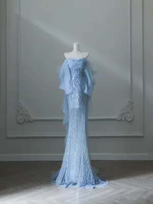 JazzHer Elegant Mermaid Off The Shoulder Sequin Blue Evening Dress Long Slit Prom Dresses (PRE-ORDER)