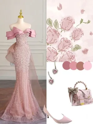 JazzHer Elegant Mermaid Off The Shoulder Sequin Pink Short Sleeves Long Prom Dresses (PRE-ORDER)