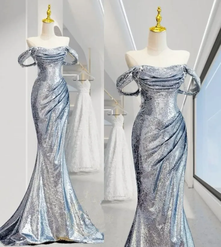 JazzHer Elegant Mermaid Off The Shoulder Sequin Silver Evening Dress Long Prom Dresses (PRE-ORDER)