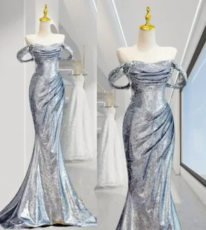JazzHer Elegant Mermaid Off The Shoulder Sequin Silver Evening Dress Long Prom Dresses (PRE-ORDER)