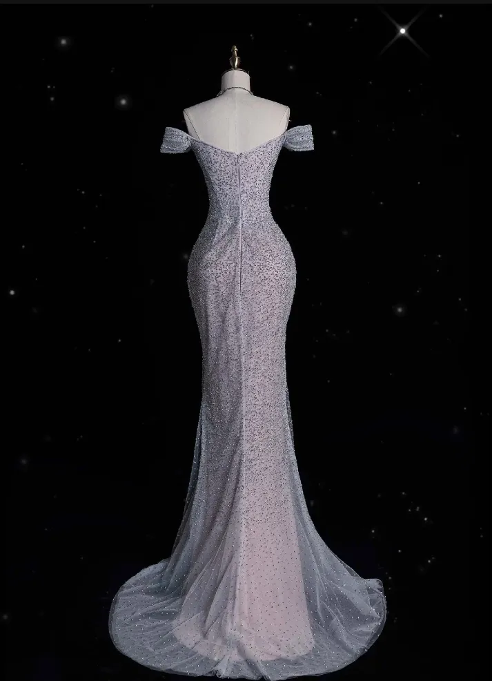 JazzHer Elegant Mermaid Off The Shoulder Silver Sequin Evening Dress Long Prom Dresses (PRE-ORDER)