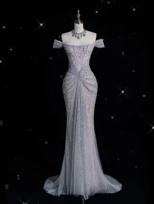 JazzHer Elegant Mermaid Off The Shoulder Silver Sequin Evening Dress Long Prom Dresses (PRE-ORDER)