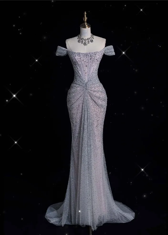 JazzHer Elegant Mermaid Off The Shoulder Silver Sequin Evening Dress Long Prom Dresses (PRE-ORDER)