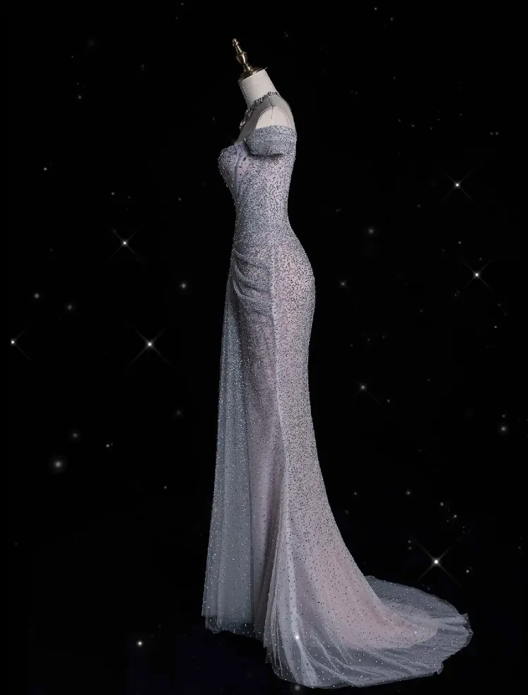 JazzHer Elegant Mermaid Off The Shoulder Silver Sequin Evening Dress Long Prom Dresses (PRE-ORDER)